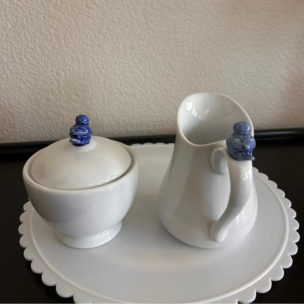 Vintage B.I.A. Cordon Bleu Cream & Sugar Set  Blue Bird Accents White porcelain